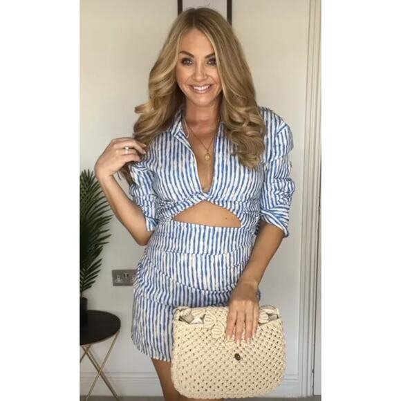 ZARA Striped Knot Cut Out Mini Dress Linen Blend Long Sleeve Blue/ White NWT - Picture 14 of 14